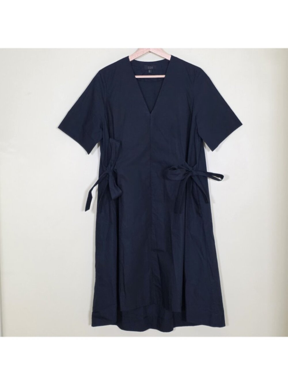 COS Poplin Cotton Dress Women 4 Navy V Neck SS Side Ties High Low Hem Minimalist - Picture 15 of 16